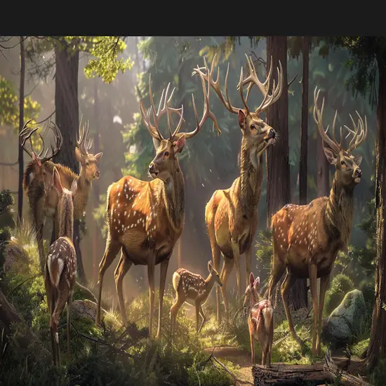 A Group of Deer Interacting A Forest Setting