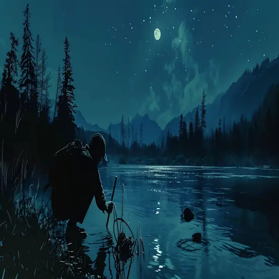 A Trapper Setting Up Underwater Traps in a Moonlit River