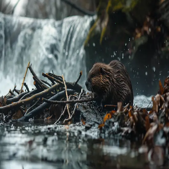 Beaver Repeatedly Attempting to Stack Sticks in a River