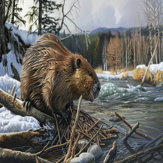 Beaver Selecting and Placing Sticks and Branches in a Flowing River