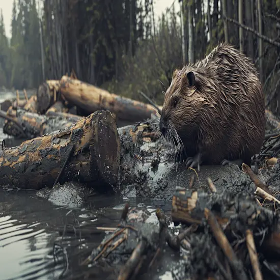 Beaver Stacking Logs and Mud to Build a Dam