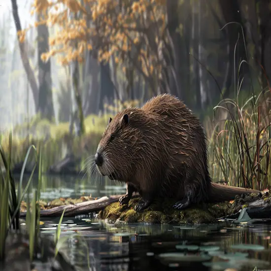 Beaver Using its Flat Tail to Build a Dam