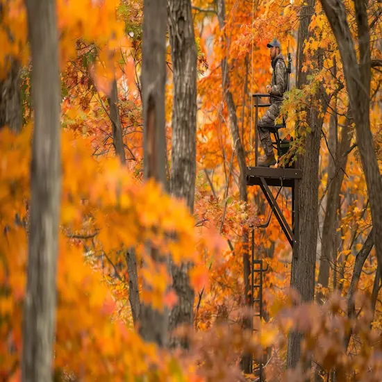 Deer Hunter in a Tree Stand Positioned Near a Food Plot