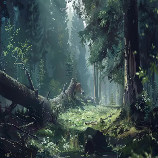 Dense Forest With a Hidden Hunter Positioned Behind a Fallen Tree