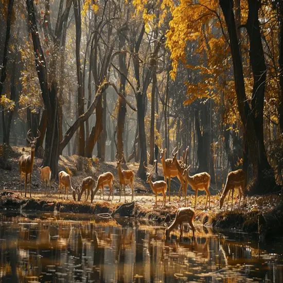 Group of Deer Grazing Peacefully