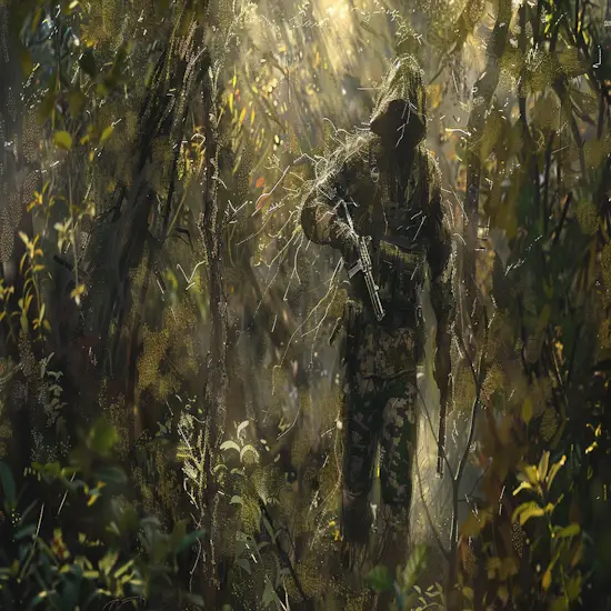 Hunter Carefully Stalking Through a Dense Forest