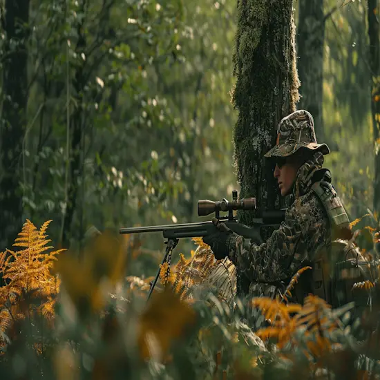 Hunter Crouching Behind a Tree With a Rifle in Hand