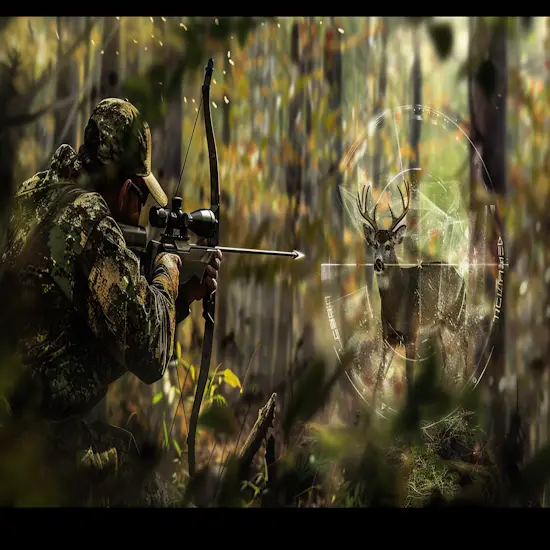 Hunter Drawing Back a Compound Bow with a Deer in the Crosshairs