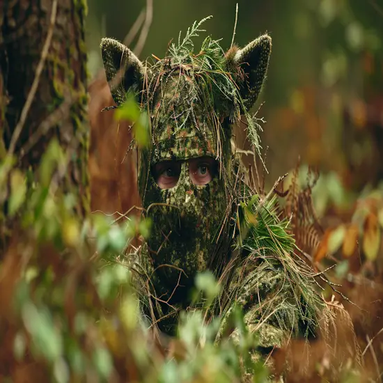 Hunter Dressed in Camouflage Blending into the Forest