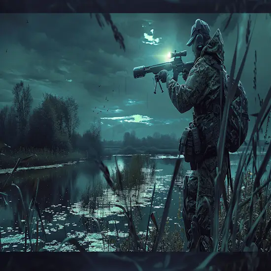 Hunter Holding a Flashlight and a Rifle Near a River Bank at Night