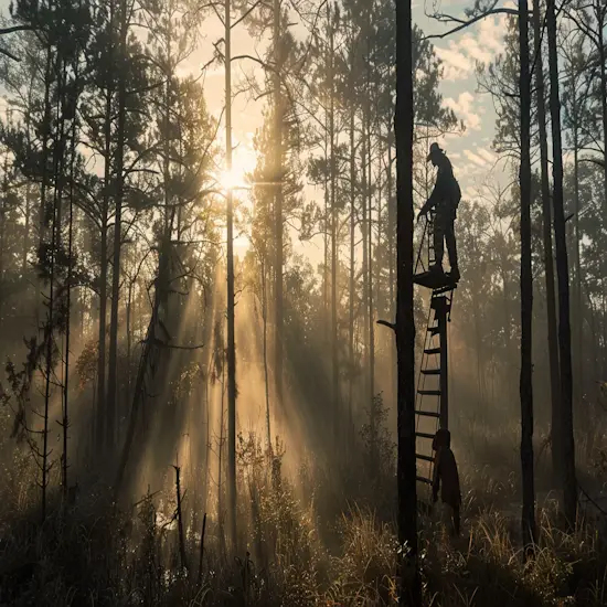 Hunter Placing a Tree Stand in a Wooded Area