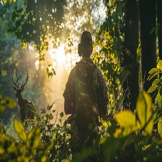 Hunter Standing in a Lush Green Forest with the Sun Shining Overhead