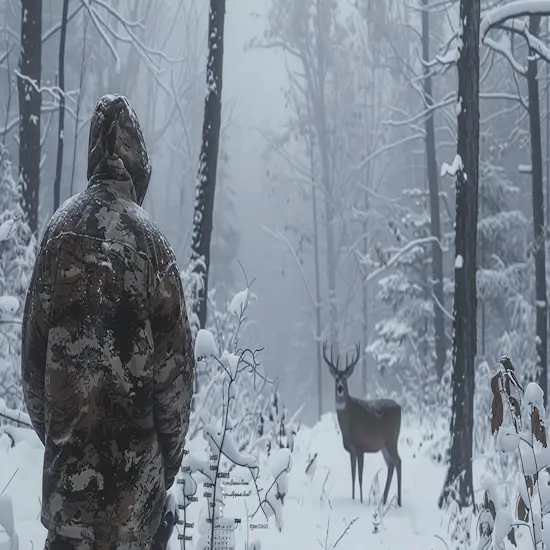 Hunter Standing in a Snowy Forest During Winter With a Deer in Sight