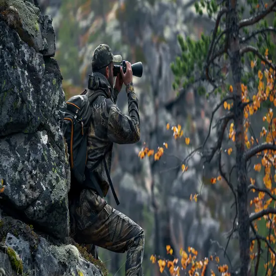 Hunter Stealthily Navigating Rocky Cliffs