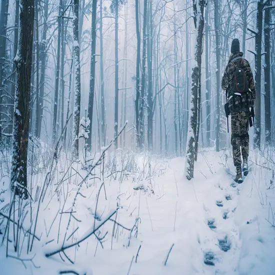 Hunter Tracking Deer Tracks in the Fresh Snow