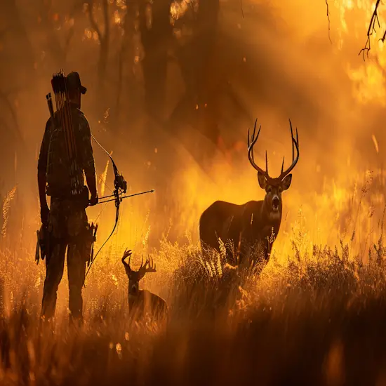 Hunter Using a Bow Mounted Decoy to Stalk a Deer