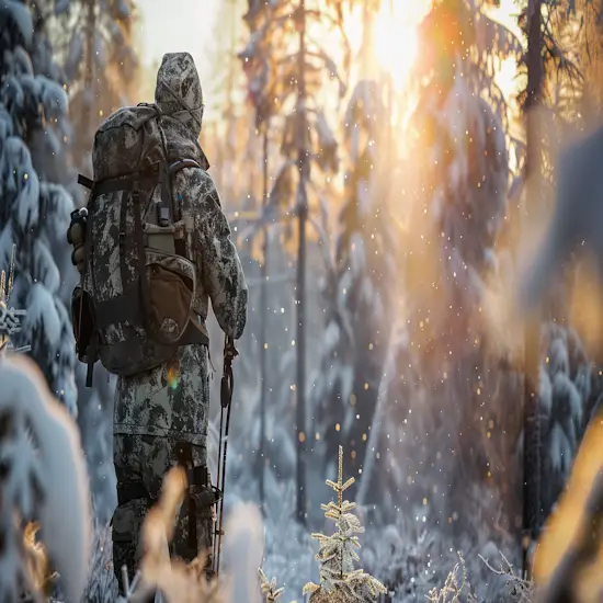 Hunter in Camouflage Gear Adjusting Bow in a Snowy Forest