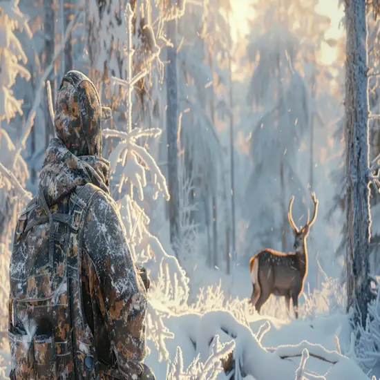 Hunter in a Snowy Forest With a Deer in the Background