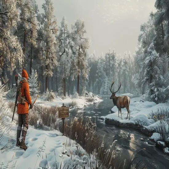 Hunter With a Bow in a Snowy Winter Forest