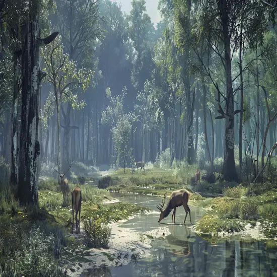 Lush Forest Habitat With Deer Grazing