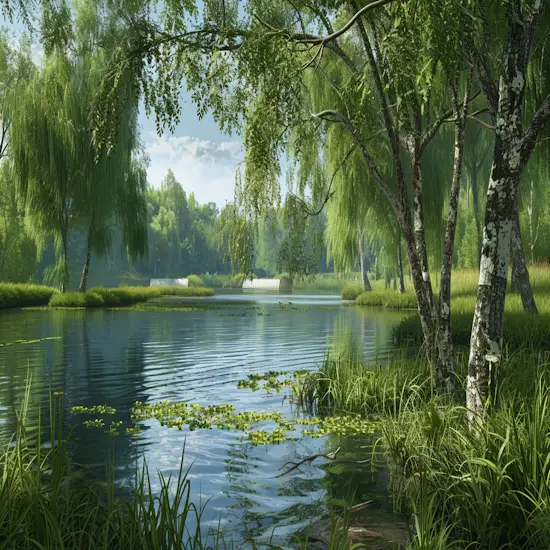 Lush Riverside Landscape With Willow Trees, Grasses, and Shrubs