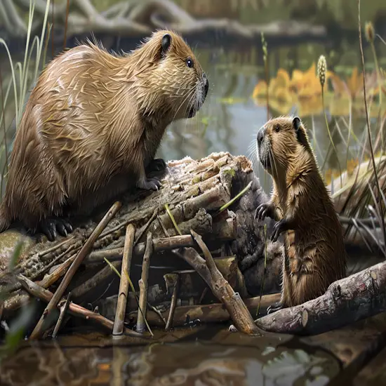 Young Beaver Watching an Adult Beaver Construct a Dam