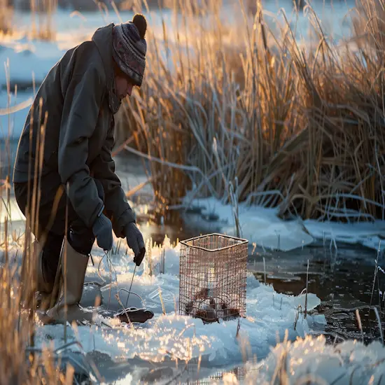 A Person Setting Up An Under-ice Muskrat Trap