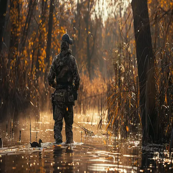 Hunter Wading Through a Marsh Setting Traps