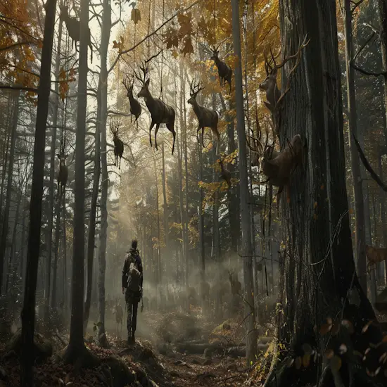 Hunter in the Woods With Multiple Deer Hanging From a Tree
