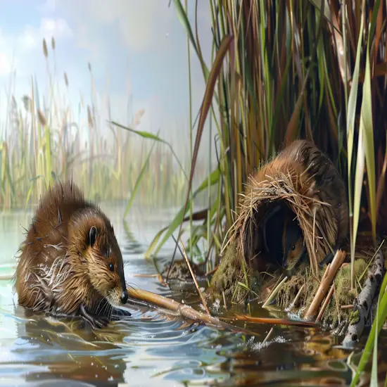 Muskrat Building a Lodge in a Marsh