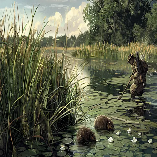 Wetland Scene With a Hunter Setting Traps