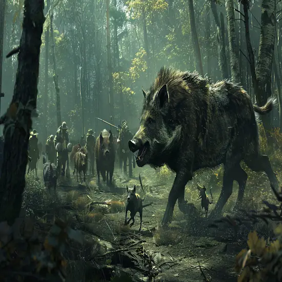 A Team of Hunting Dogs Chasing Hogs