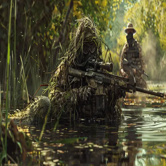 Beginner Alligator Hunter Cautiously Moving In a Murky Swamp