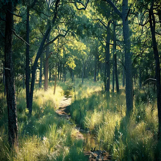 Dense Forest Clearing With Scattered Oak Trees