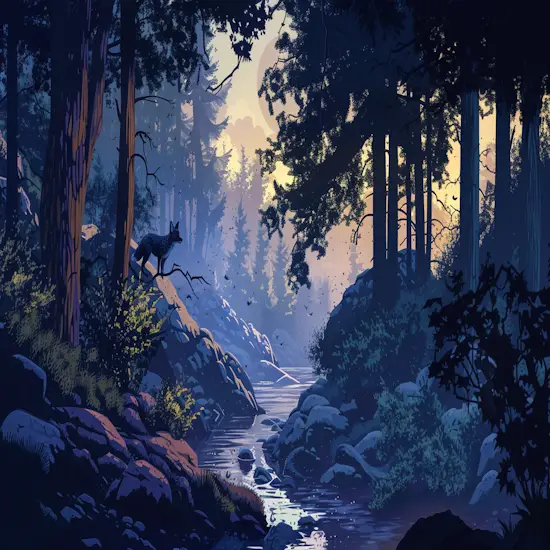 Dense Forest at Dusk with a Winding Stream
