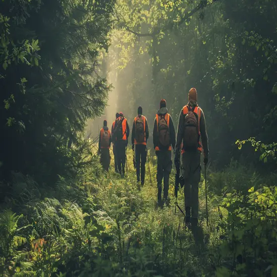 Group of Hunters in Safety Vests Carrying Rifles
