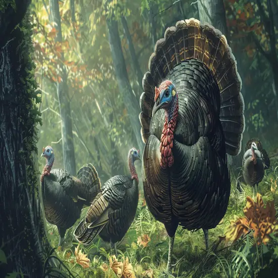 Group of Wild Turkeys in a Forest Setting