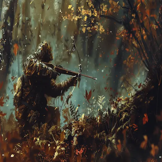 Hunter Aiming a Crossbow at a Wild Boar in a Dense Ohio Forest