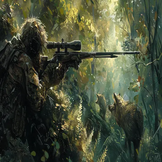 Hunter Aiming a Rifle at a Group of Wild Boars