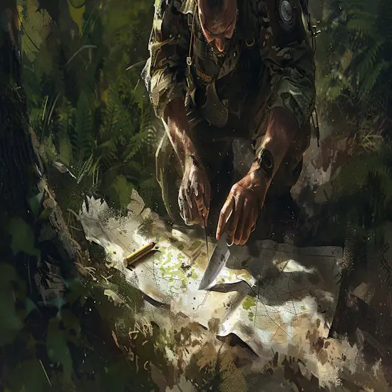 Hunter Checking a Map in a Forest