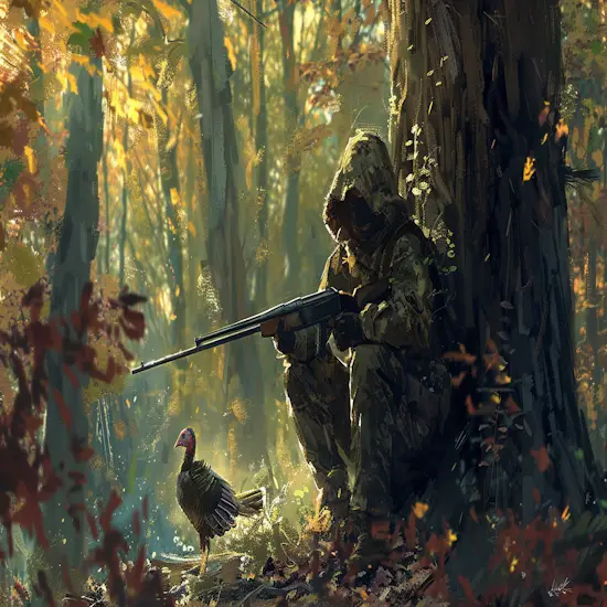 Hunter Crouching Behind a Tree