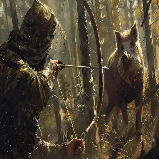Hunter Drawing a Bow With a Broadhead Arrow