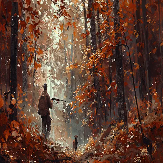 Hunter Holding a Shotgun and Walking Quietly with a Hunting Dog