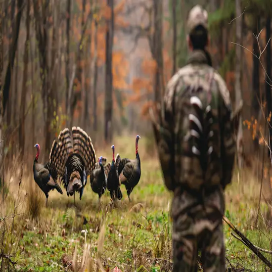Hunter Observing a Group of Wild Turkeys