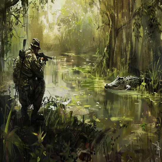 Hunter Observing a Lurking Alligator