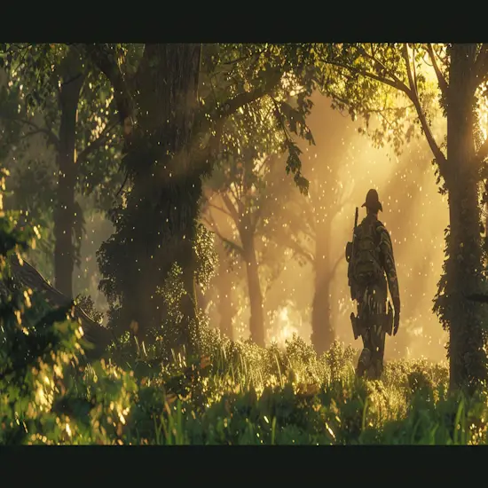 Hunter Stalking Through a Dense Forest at Dawn