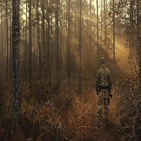 Hunter Stalking Through a Dense Forest in North Carolina