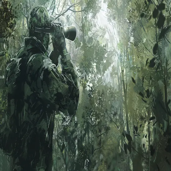 Hunter Stalking Through a Forest Using Binoculars
