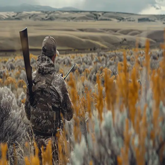 Hunter Stalking Through a Wide Open Sagebrush Field