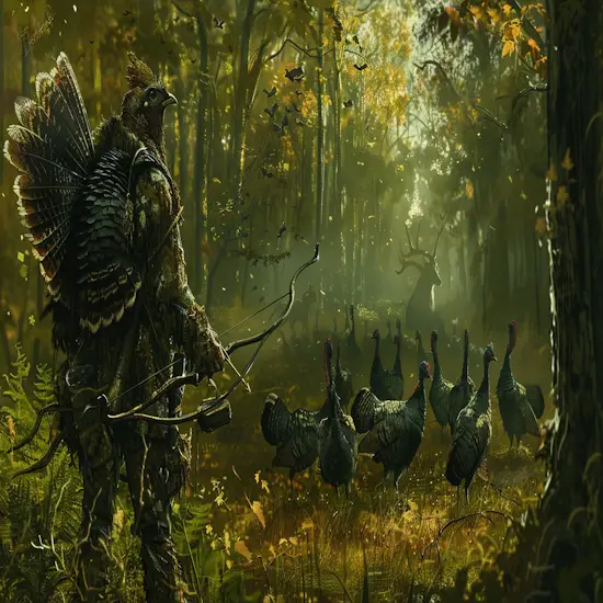 Hunter Stalking a Flock of Wild Turkeys in a Dense Forest